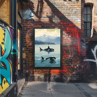 Serene Orcas and Mountains Wildlife Animal Poster PosterGoat