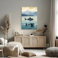 Serene Orcas and Mountains Wildlife Animal Poster PosterGoat