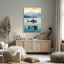 Serene Orcas and Mountains Wildlife Animal Poster PosterGoat
