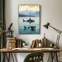 Serene Orcas and Mountains Wildlife Animal Poster PosterGoat