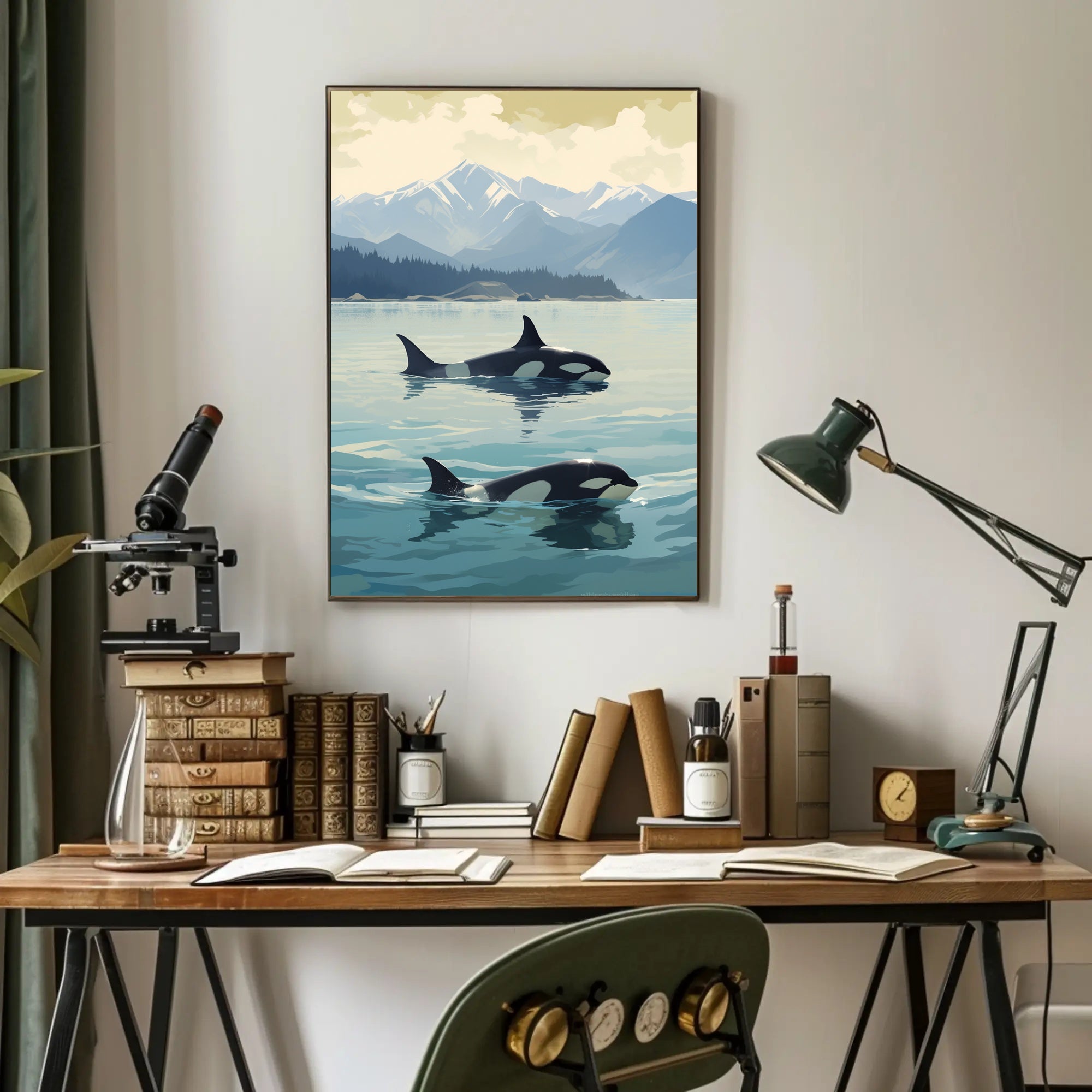 Serene Orcas and Mountains Wildlife Animal Poster PosterGoat