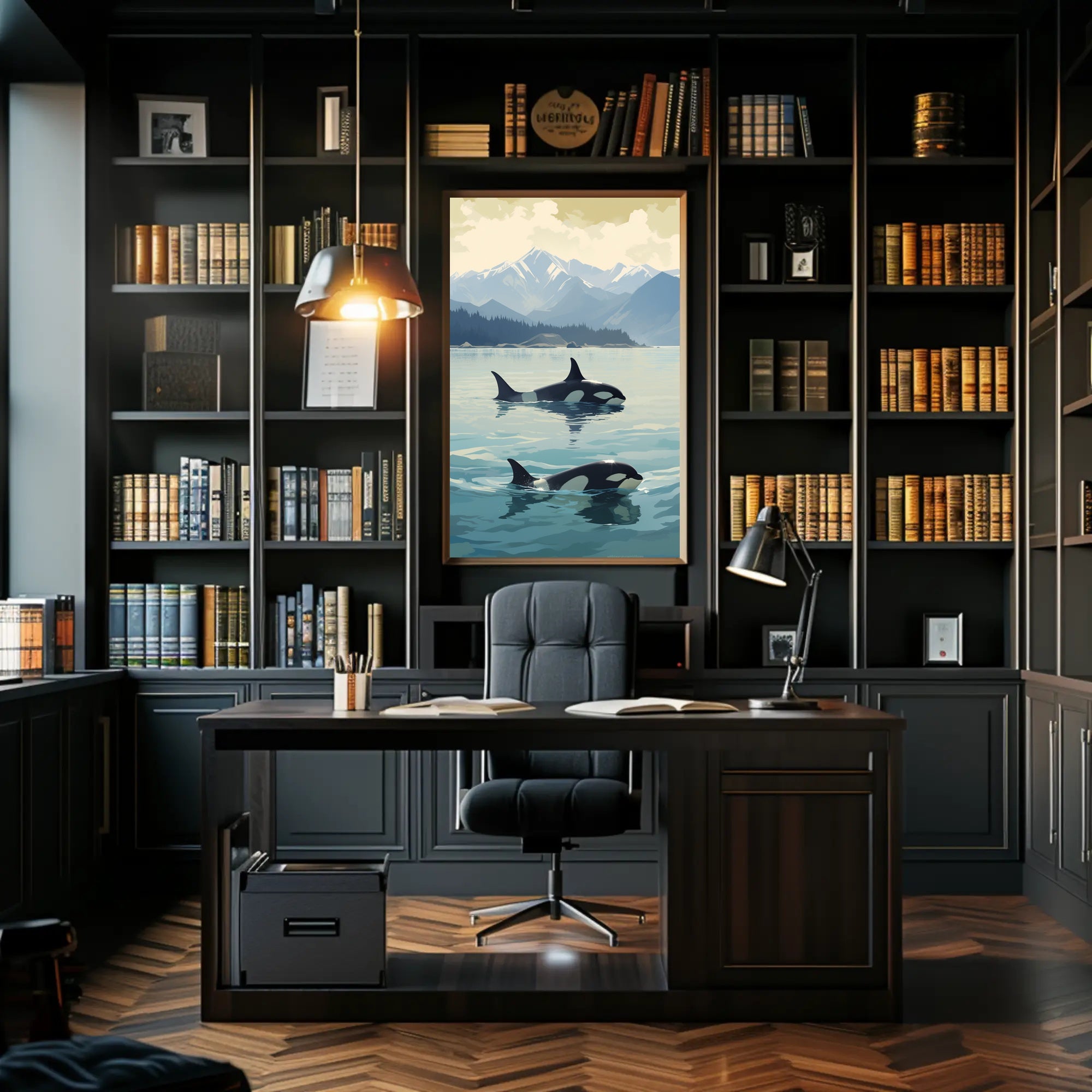 Serene Orcas and Mountains Wildlife Animal Poster PosterGoat