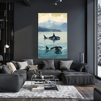Serene Orcas and Mountains Wildlife Animal Poster PosterGoat