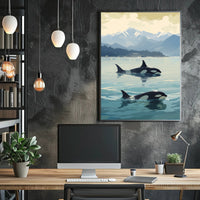 Serene Orcas and Mountains Wildlife Animal Poster PosterGoat