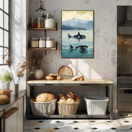 Serene Orcas and Mountains Wildlife Animal Poster PosterGoat