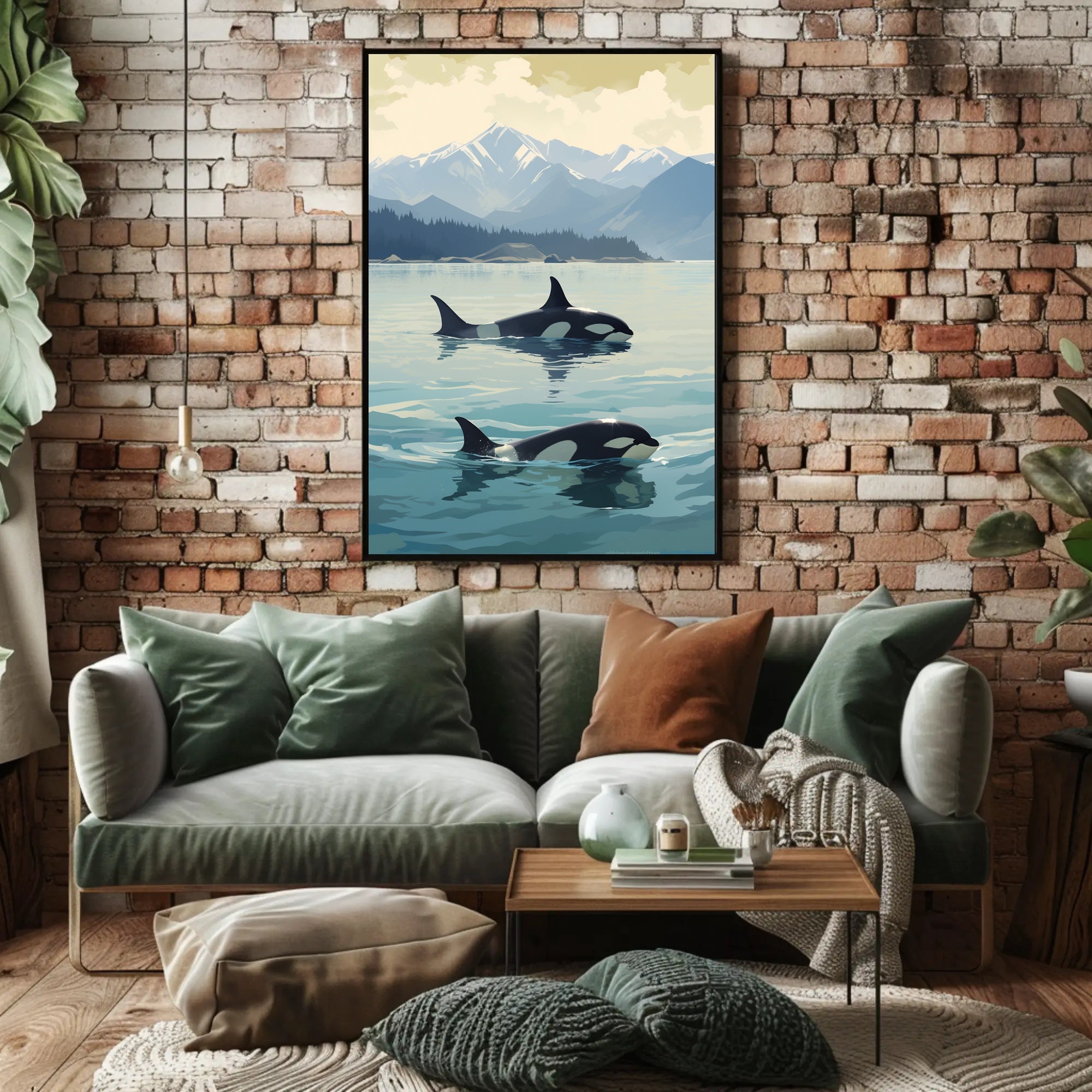 Serene Orcas and Mountains Wildlife Animal Poster PosterGoat