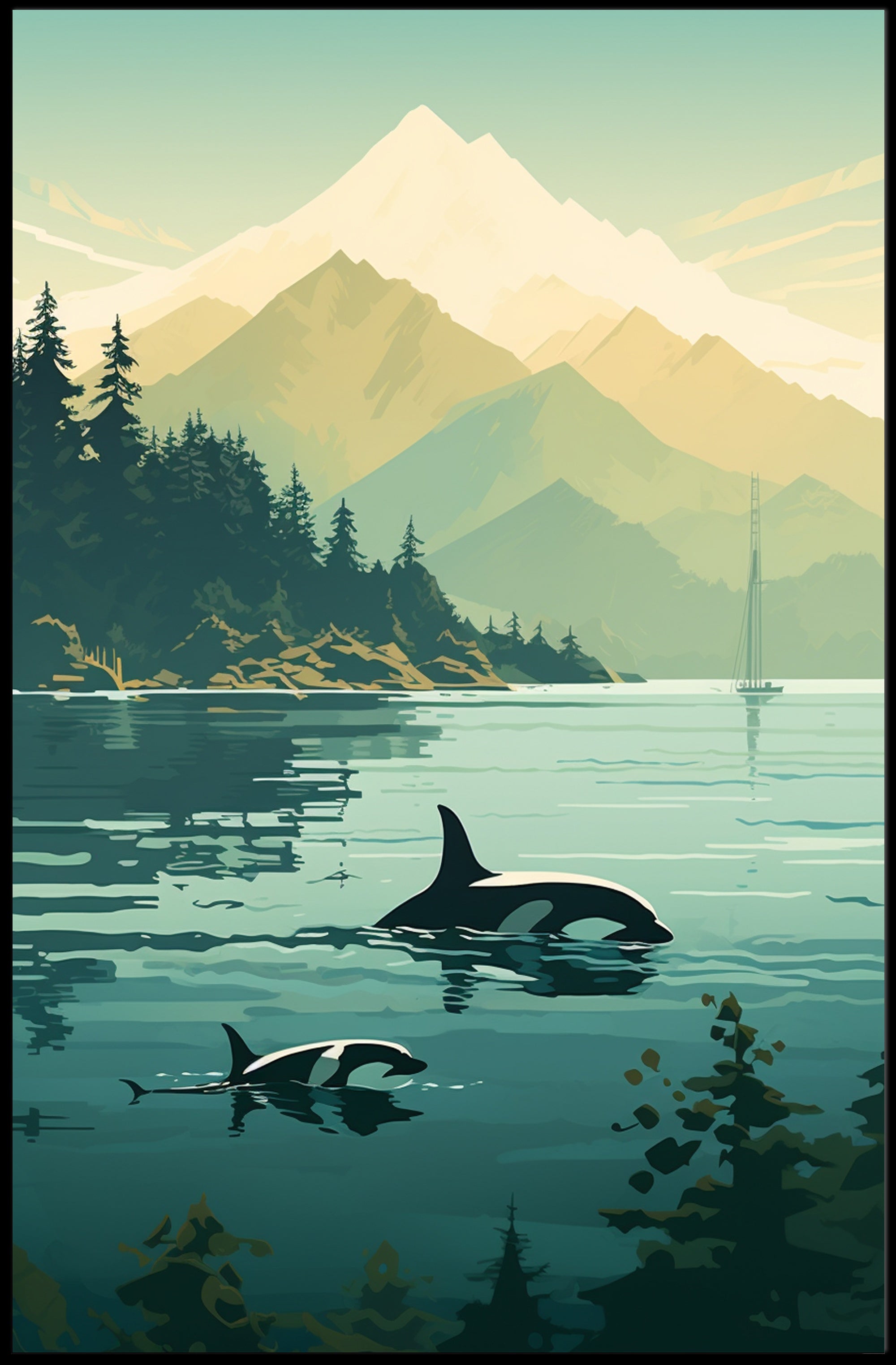 Serene Orcas and Mountains in Nature Animal Poster PosterGoat