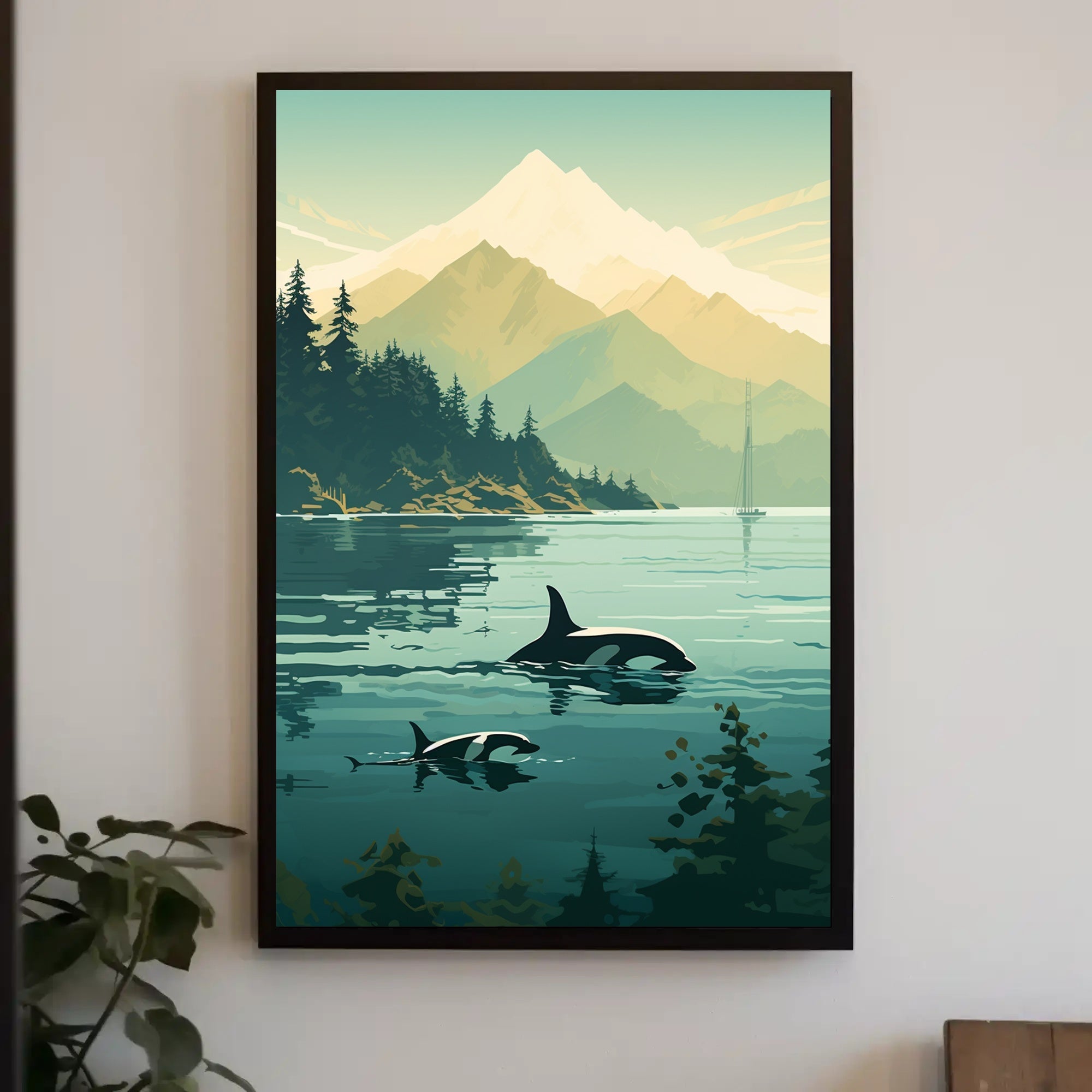 Serene Orcas and Mountains in Nature Animal Poster PosterGoat