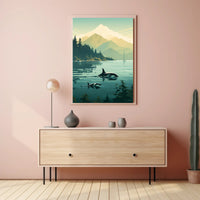 Serene Orcas and Mountains in Nature Animal Poster PosterGoat