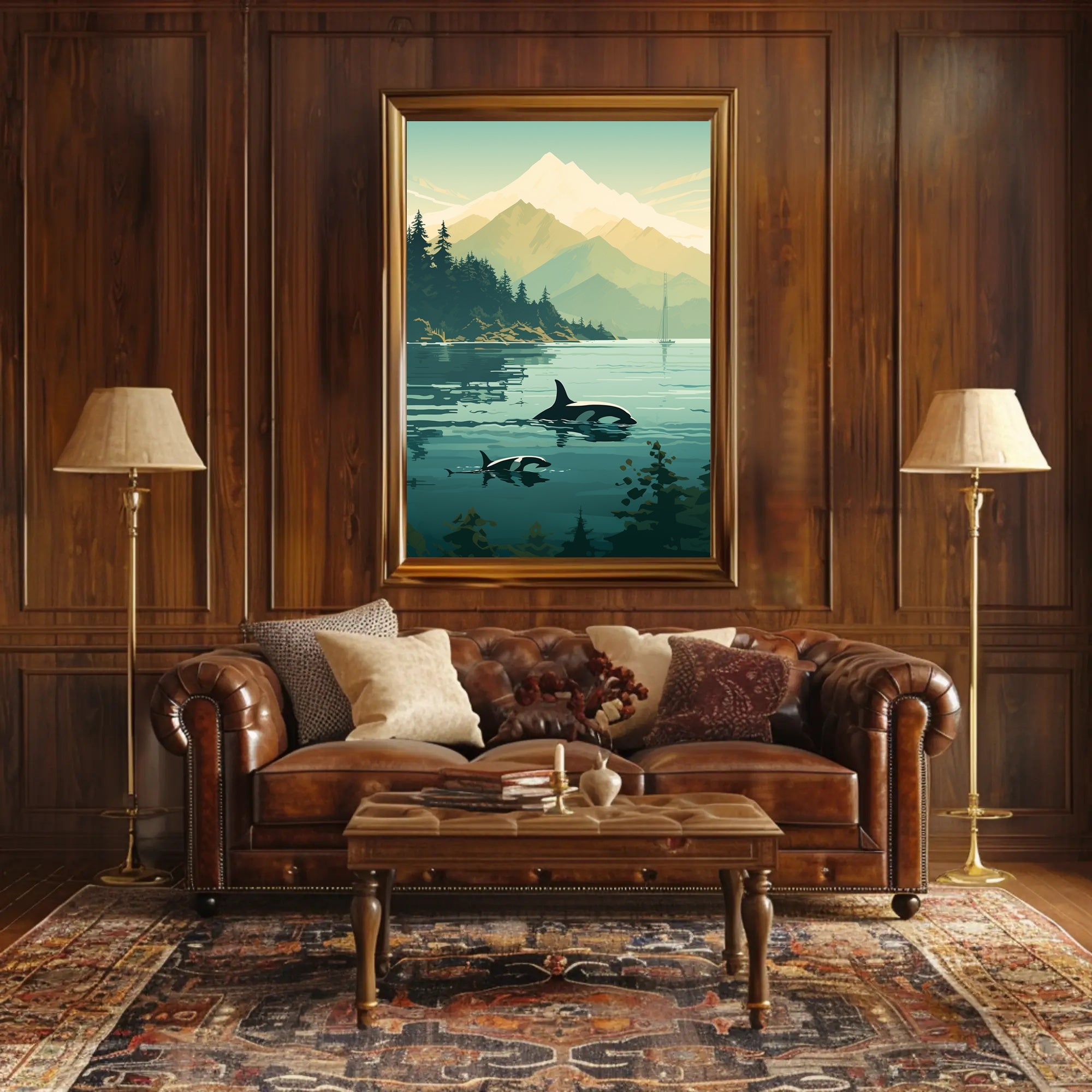 Serene Orcas and Mountains in Nature Animal Poster PosterGoat
