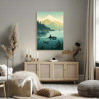 Serene Orcas and Mountains in Nature Animal Poster PosterGoat