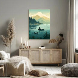 Serene Orcas and Mountains in Nature Animal Poster PosterGoat
