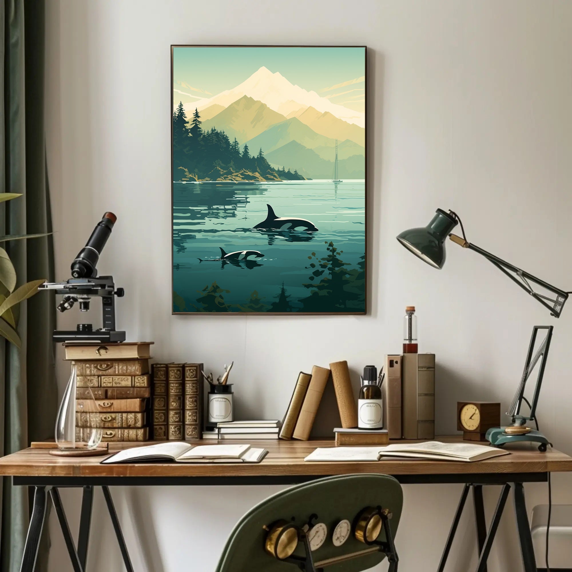 Serene Orcas and Mountains in Nature Animal Poster PosterGoat