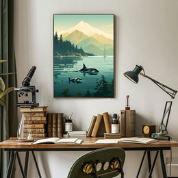Serene Orcas and Mountains in Nature Animal Poster PosterGoat