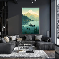 Serene Orcas and Mountains in Nature Animal Poster PosterGoat