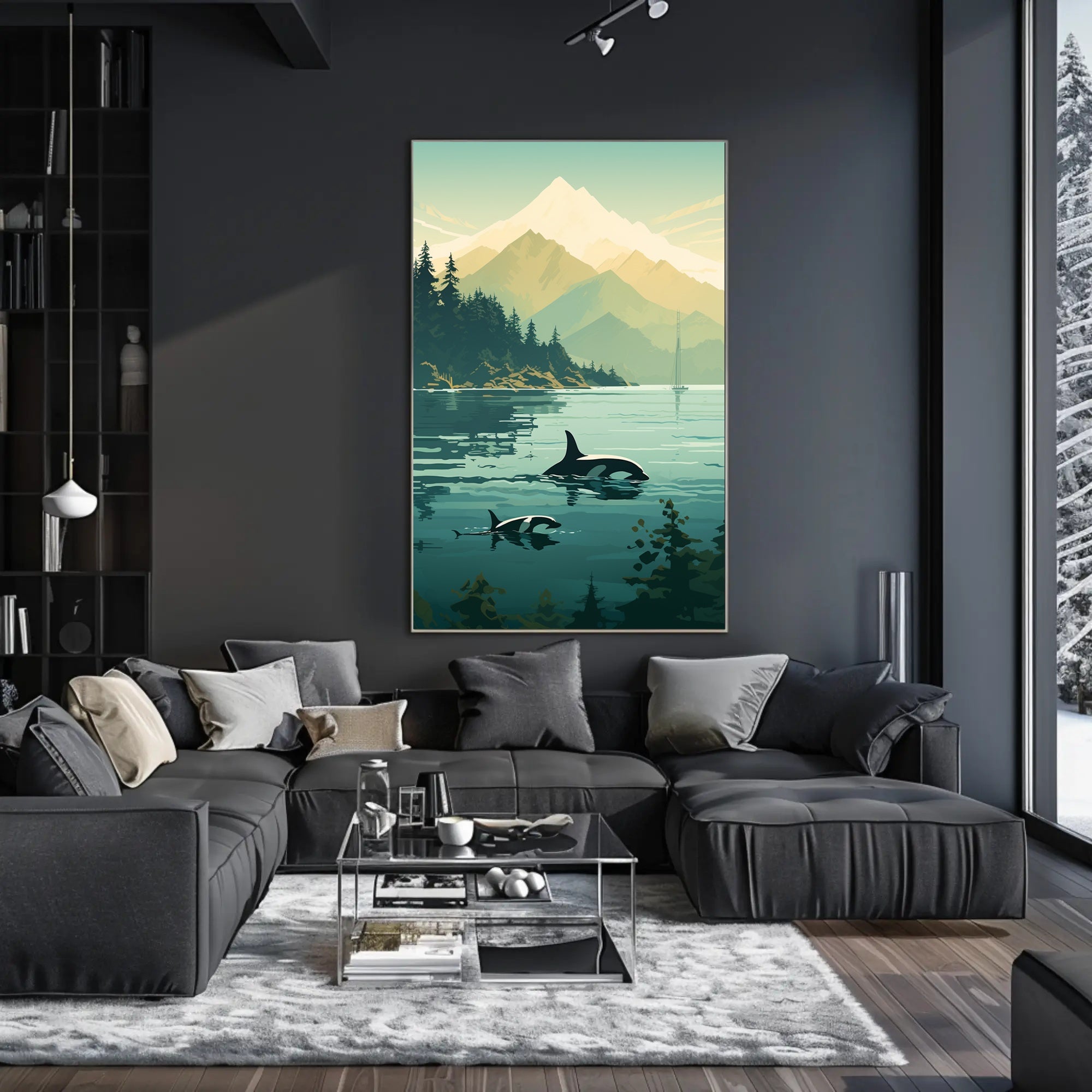 Serene Orcas and Mountains in Nature Animal Poster PosterGoat
