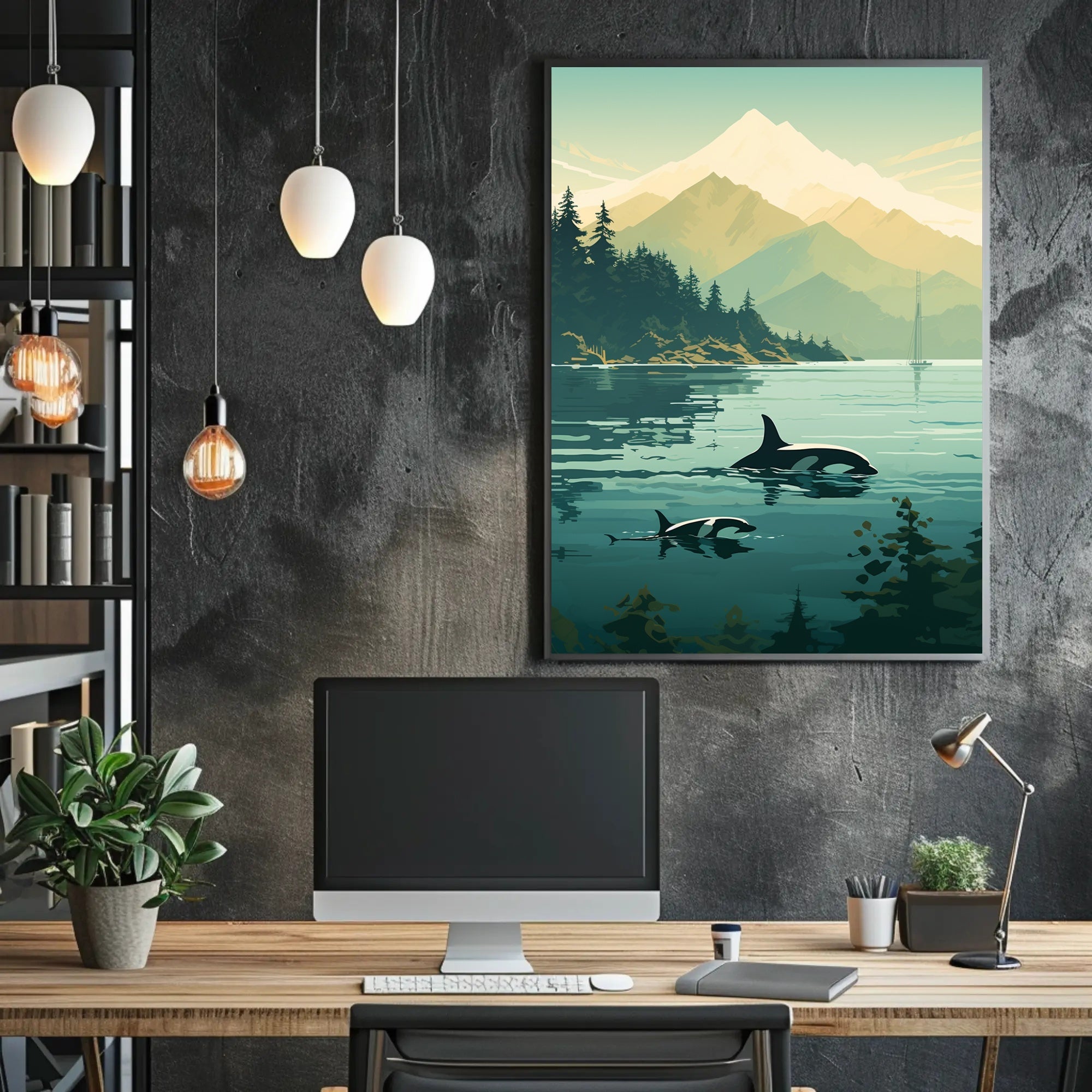 Serene Orcas and Mountains in Nature Animal Poster PosterGoat