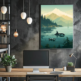 Serene Orcas and Mountains in Nature Animal Poster PosterGoat