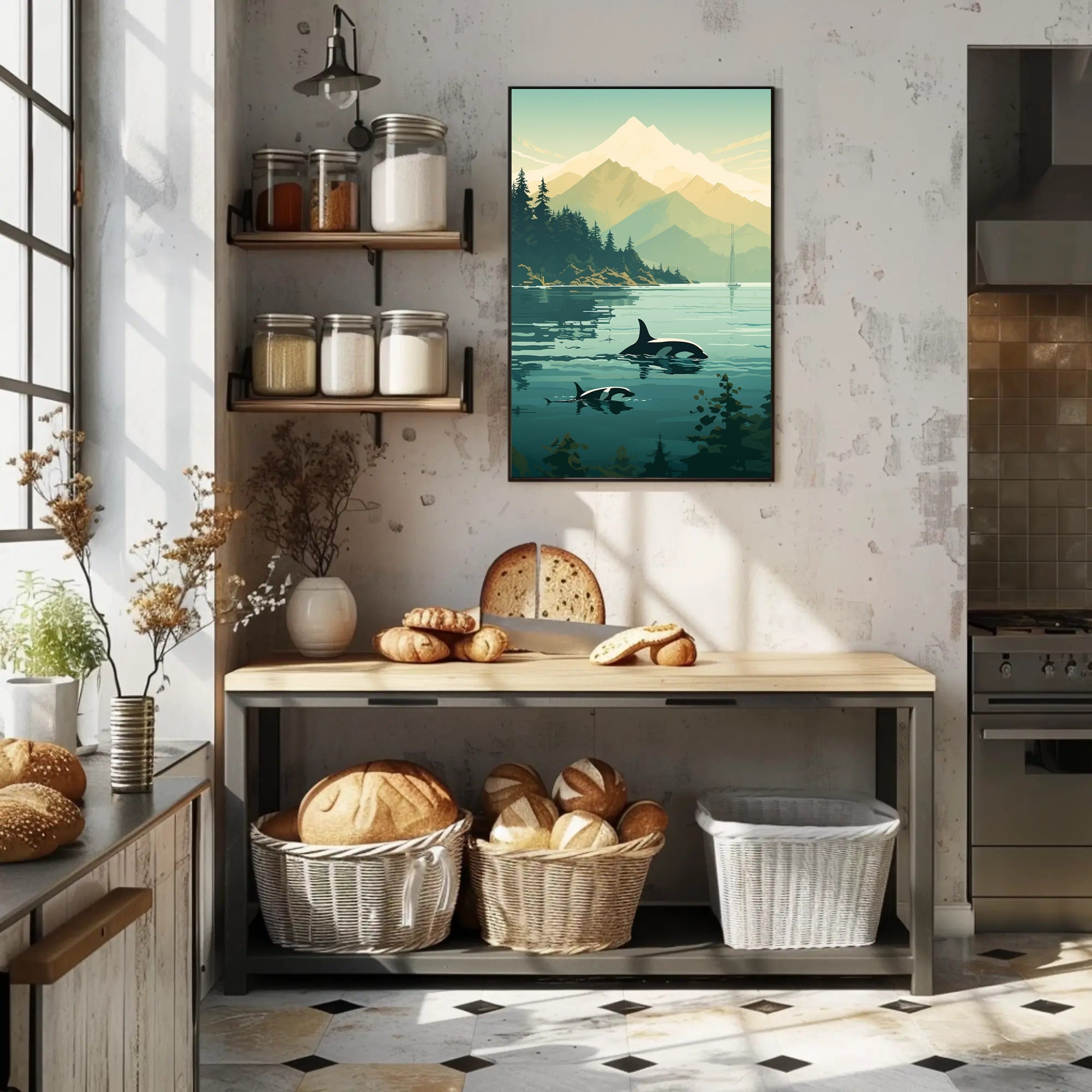 Serene Orcas and Mountains in Nature Animal Poster PosterGoat