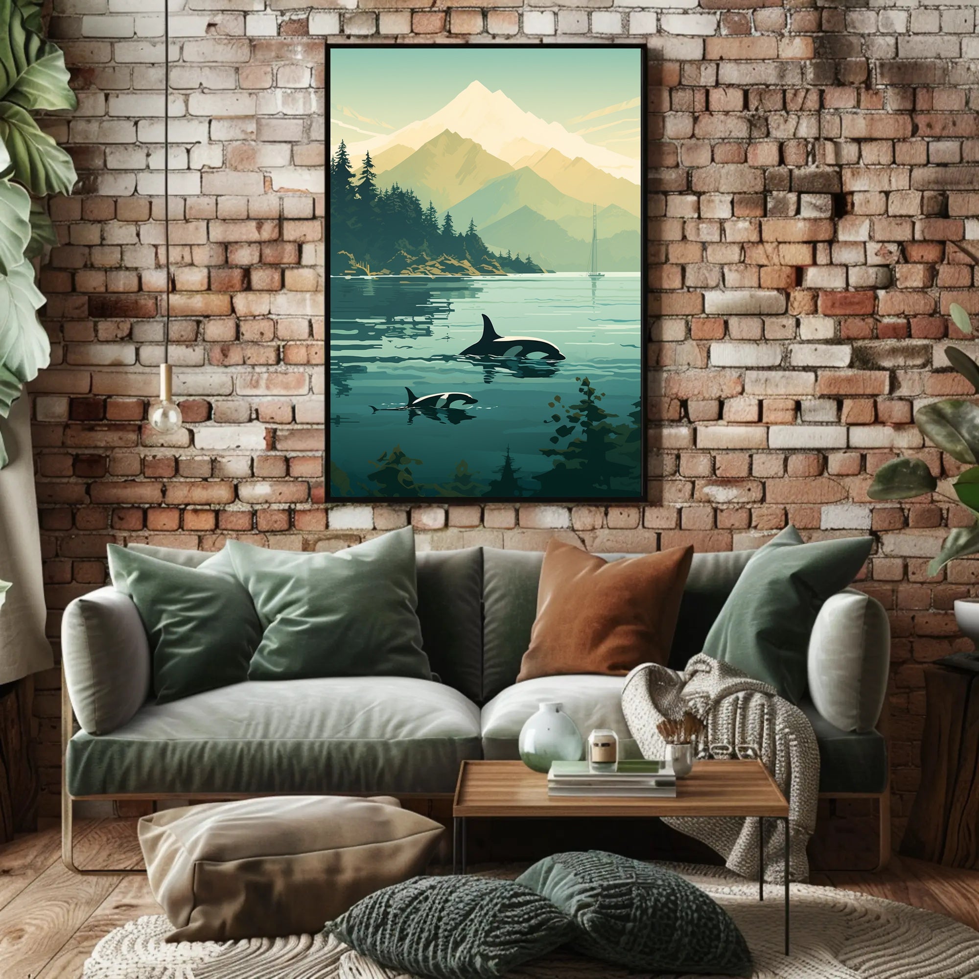 Serene Orcas and Mountains in Nature Animal Poster PosterGoat