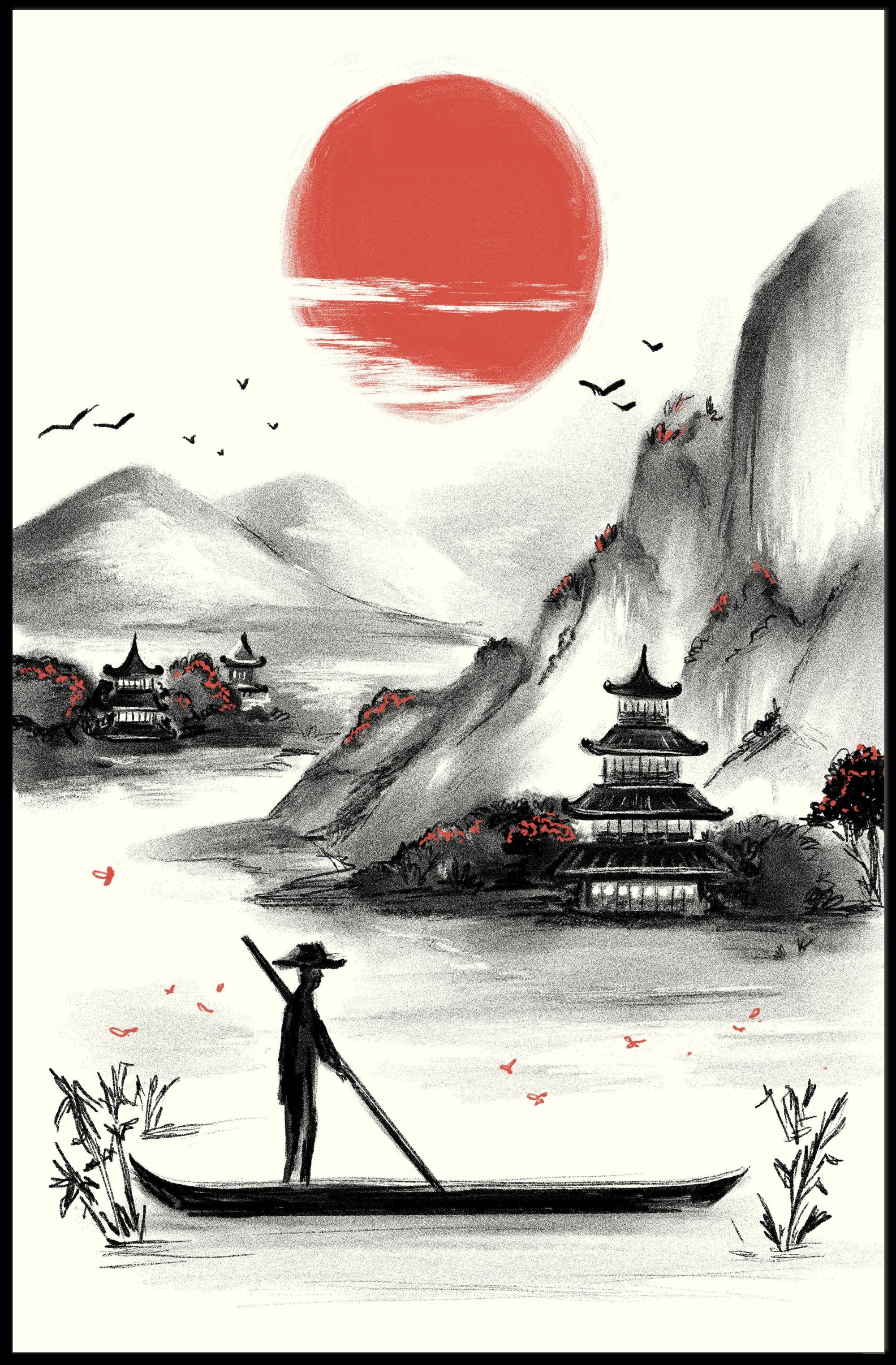 Serene Oriental Ink Landscape Art Print - Cultural or Heritage Poster PosterGoat