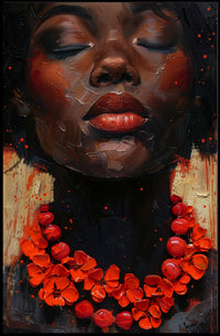 Serene Portrait with Red Floral Necklace - Artistic Poster PosterGoat