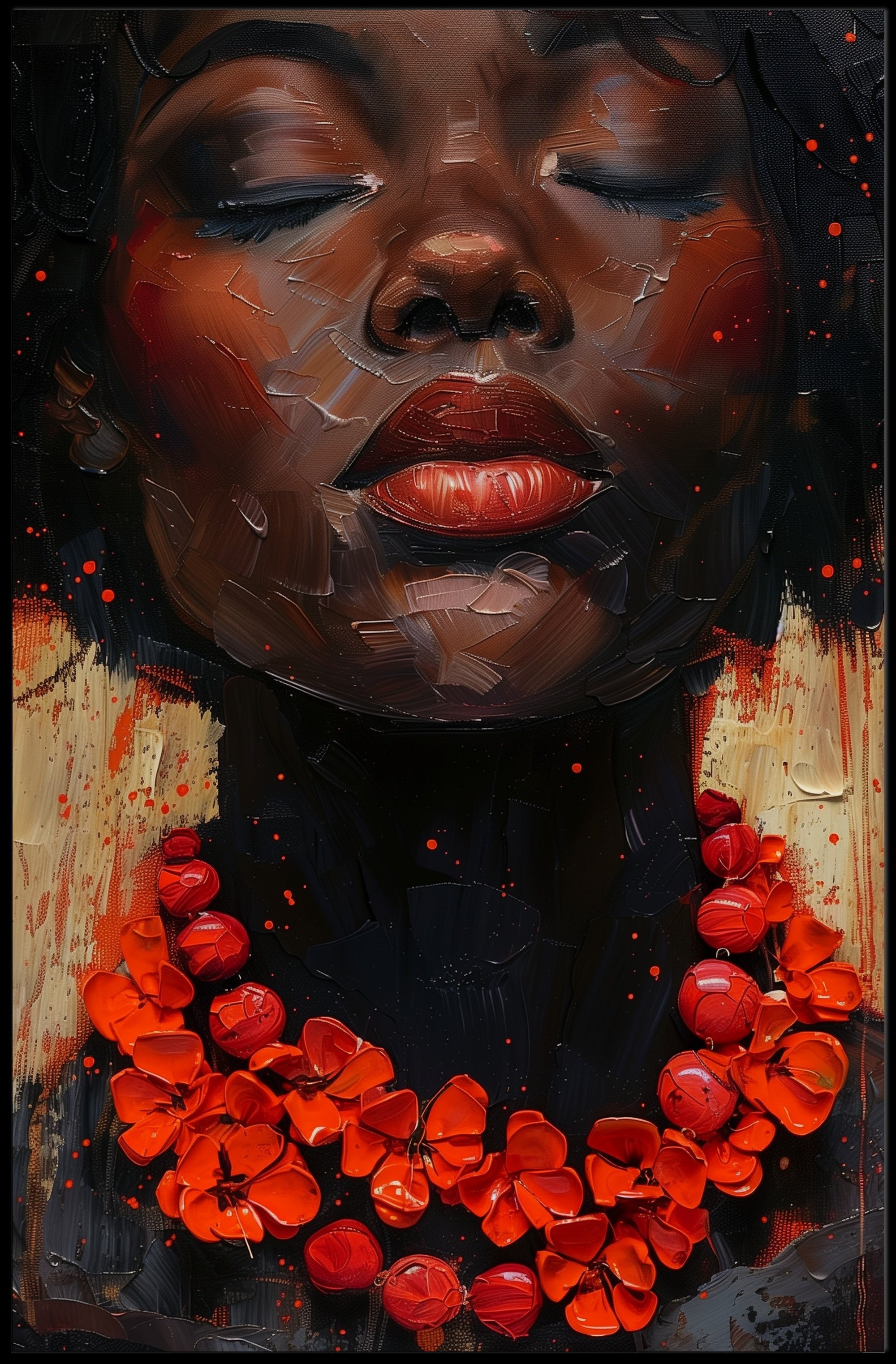 Serene Portrait with Red Floral Necklace - Artistic Poster PosterGoat