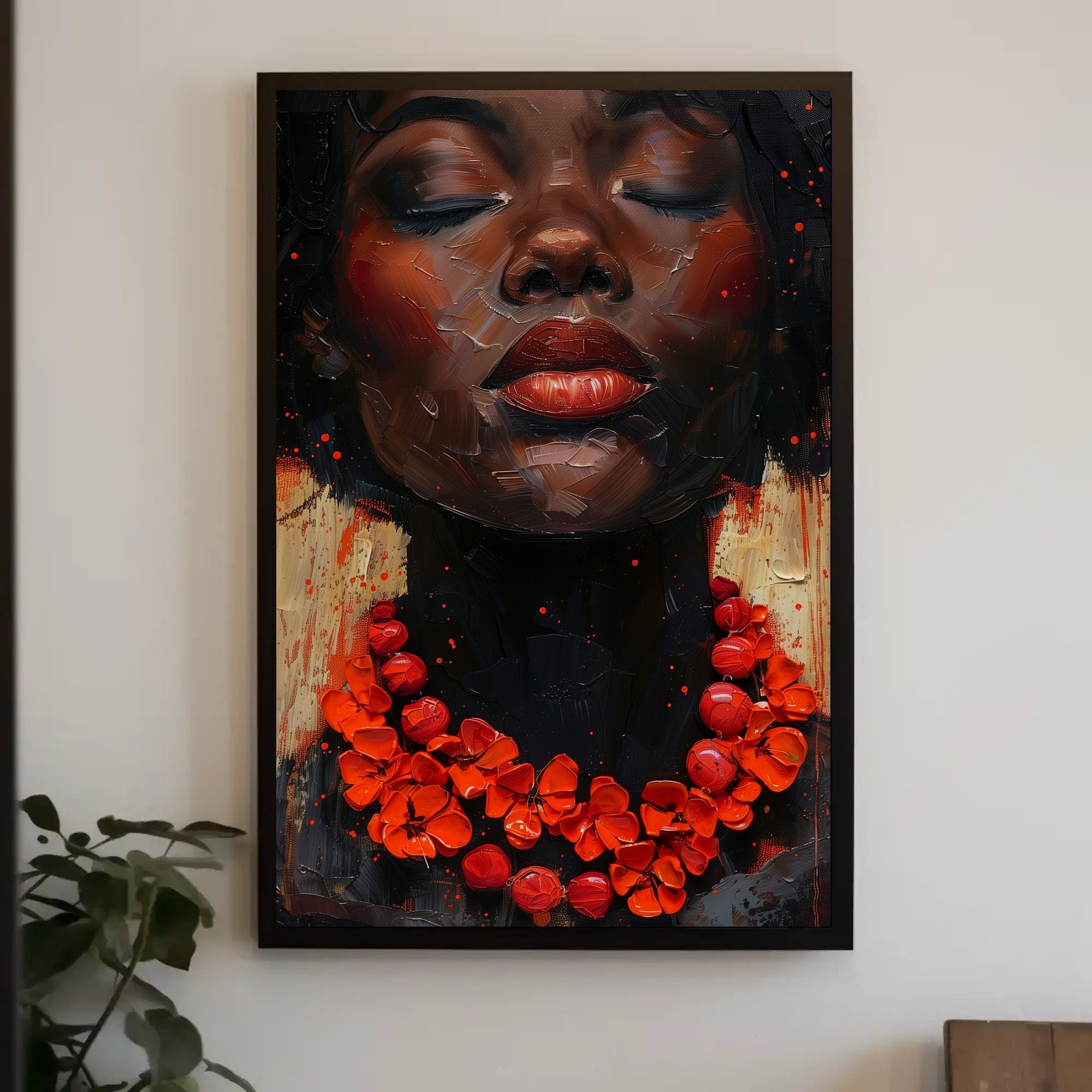 Serene Portrait with Red Floral Necklace - Artistic Poster PosterGoat