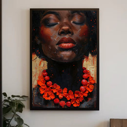 Serene Portrait with Red Floral Necklace - Artistic Poster PosterGoat