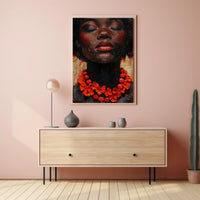 Serene Portrait with Red Floral Necklace - Artistic Poster PosterGoat
