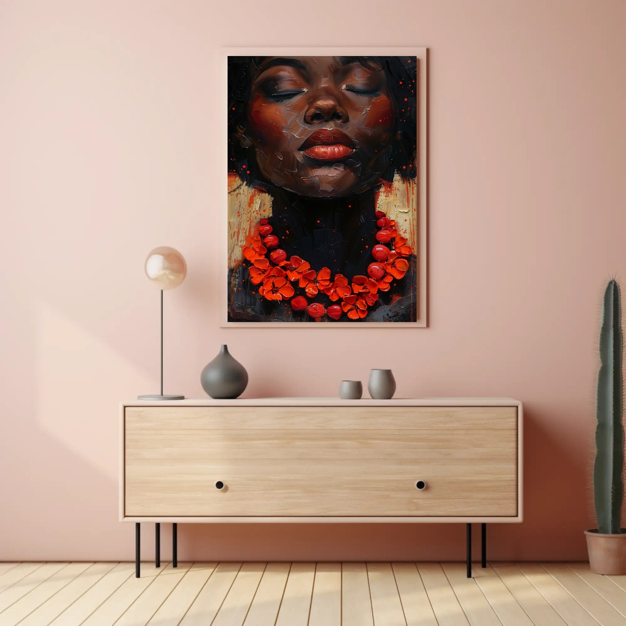 Serene Portrait with Red Floral Necklace - Artistic Poster PosterGoat