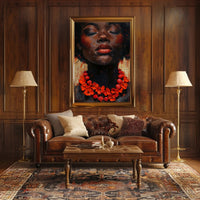 Serene Portrait with Red Floral Necklace - Artistic Poster PosterGoat