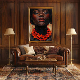 Serene Portrait with Red Floral Necklace - Artistic Poster PosterGoat
