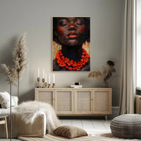 Serene Portrait with Red Floral Necklace - Artistic Poster PosterGoat