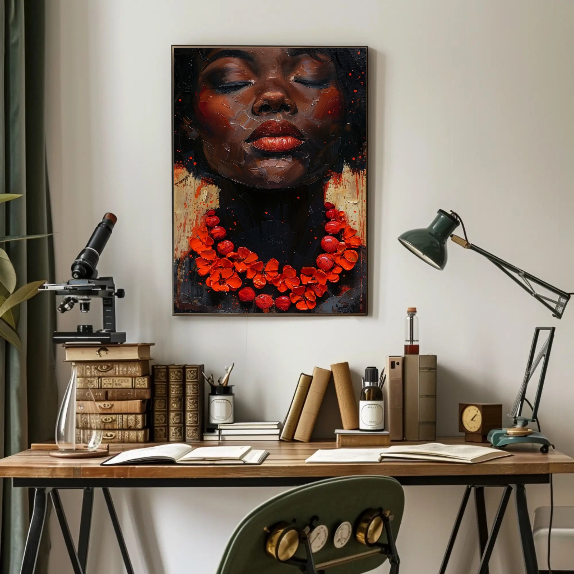 Serene Portrait with Red Floral Necklace - Artistic Poster PosterGoat