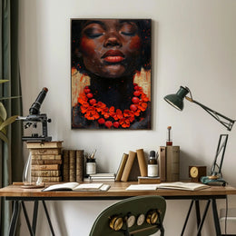 Serene Portrait with Red Floral Necklace - Artistic Poster PosterGoat