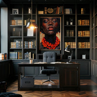 Serene Portrait with Red Floral Necklace - Artistic Poster PosterGoat