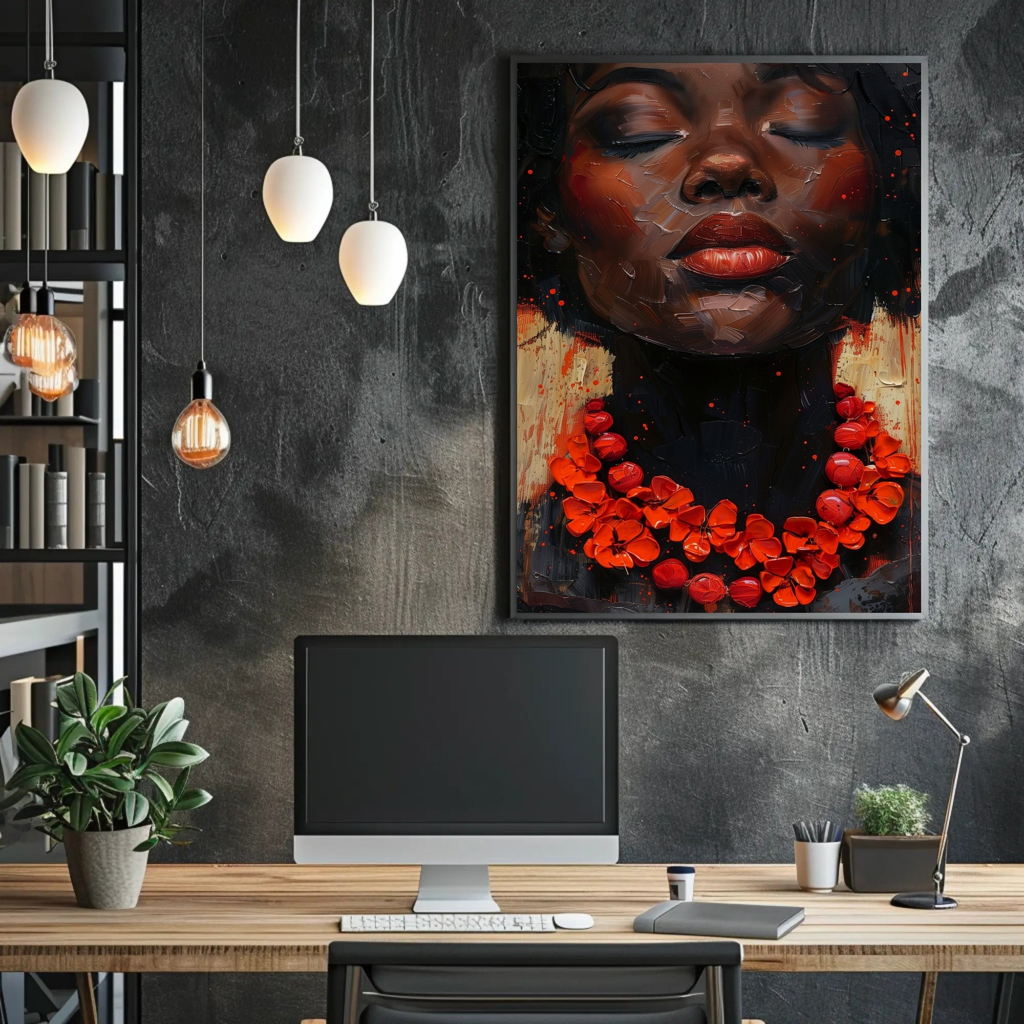 Serene Portrait with Red Floral Necklace - Artistic Poster PosterGoat