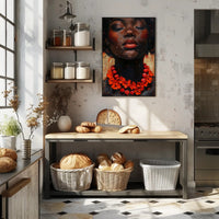 Serene Portrait with Red Floral Necklace - Artistic Poster PosterGoat
