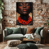 Serene Portrait with Red Floral Necklace - Artistic Poster PosterGoat