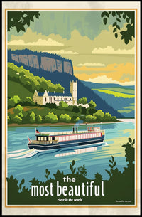Serene River Scene with Castle Travel Poster PosterGoat