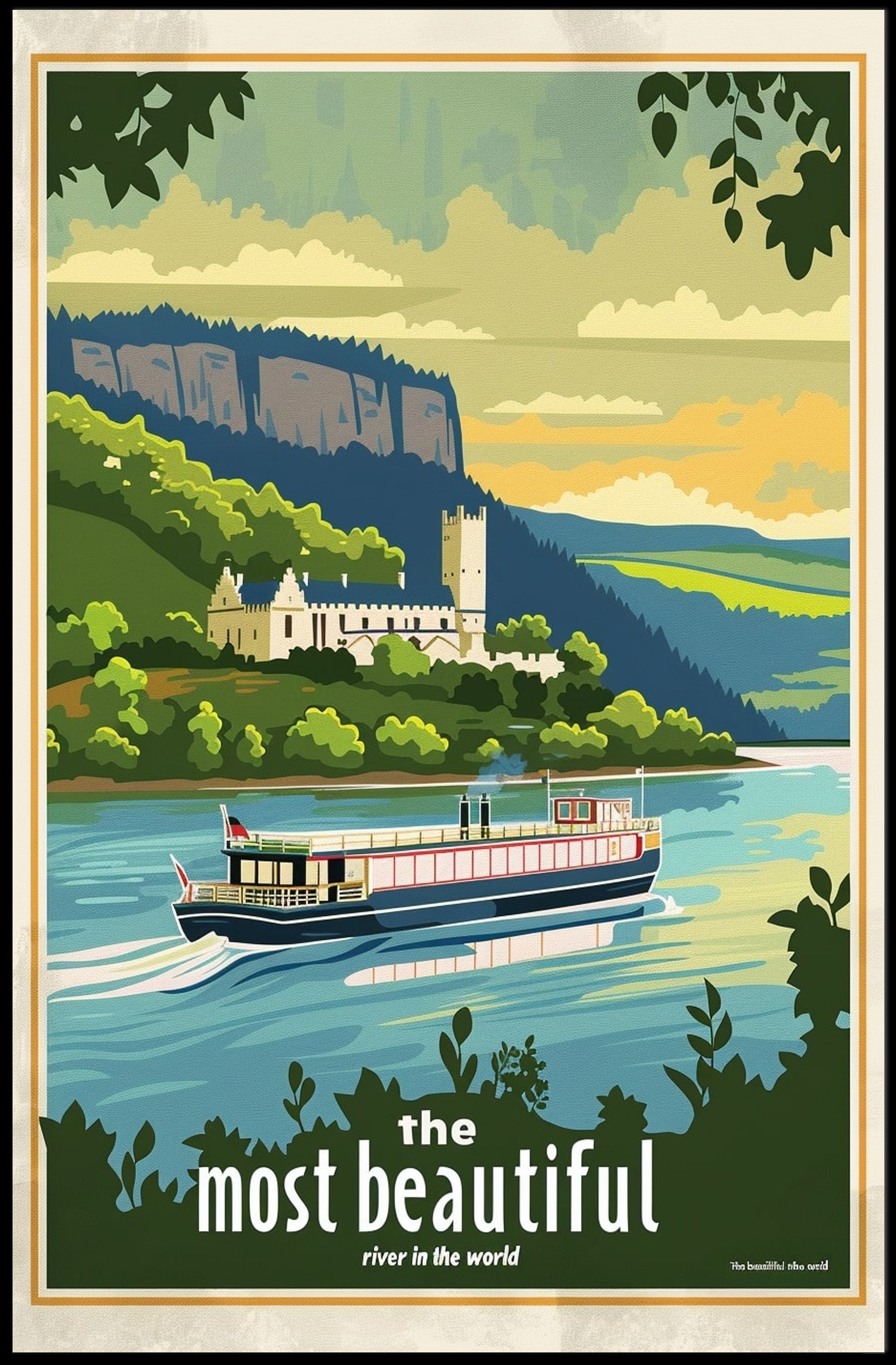 Serene River Scene with Castle Travel Poster PosterGoat