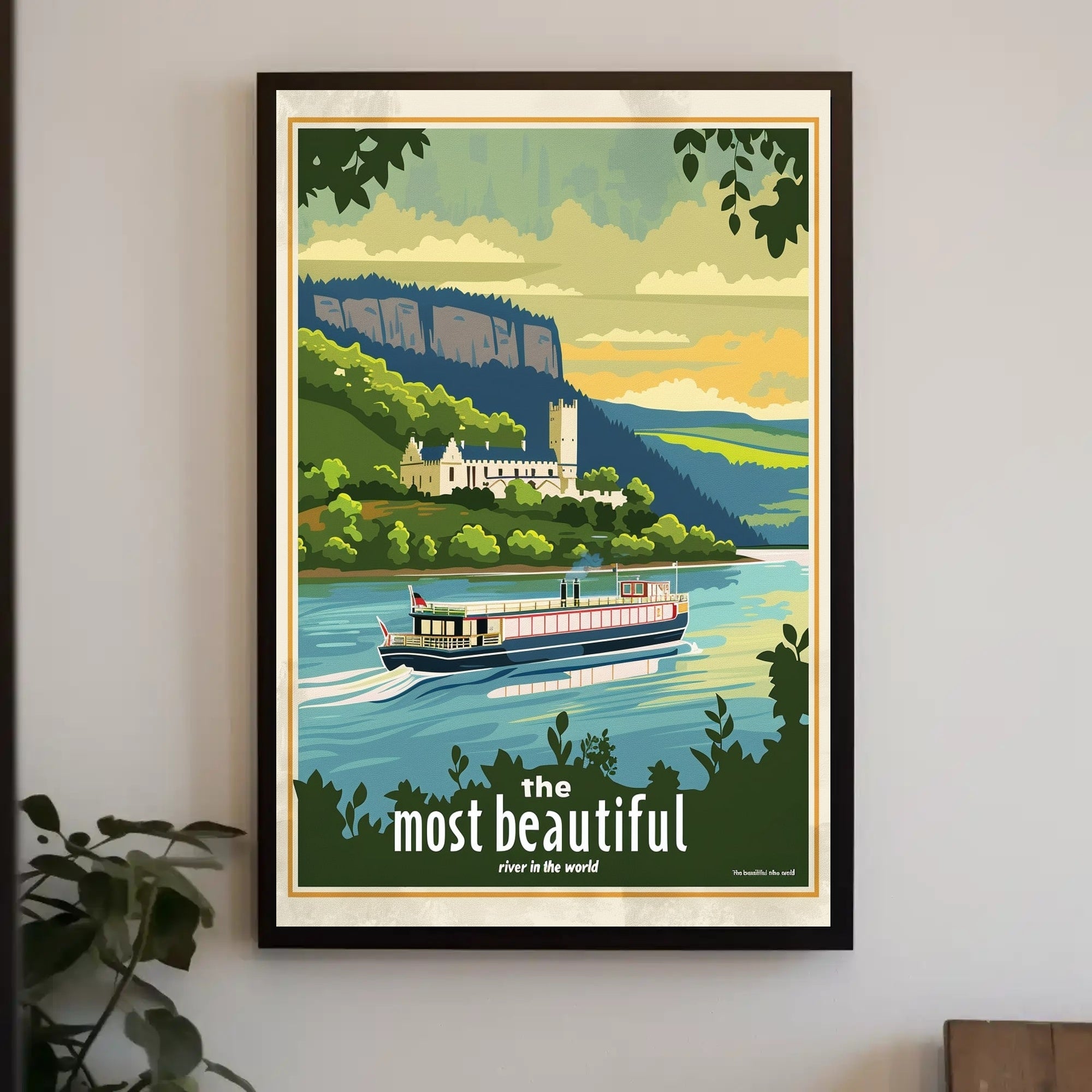 Serene River Scene with Castle Travel Poster PosterGoat