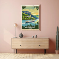 Serene River Scene with Castle Travel Poster PosterGoat