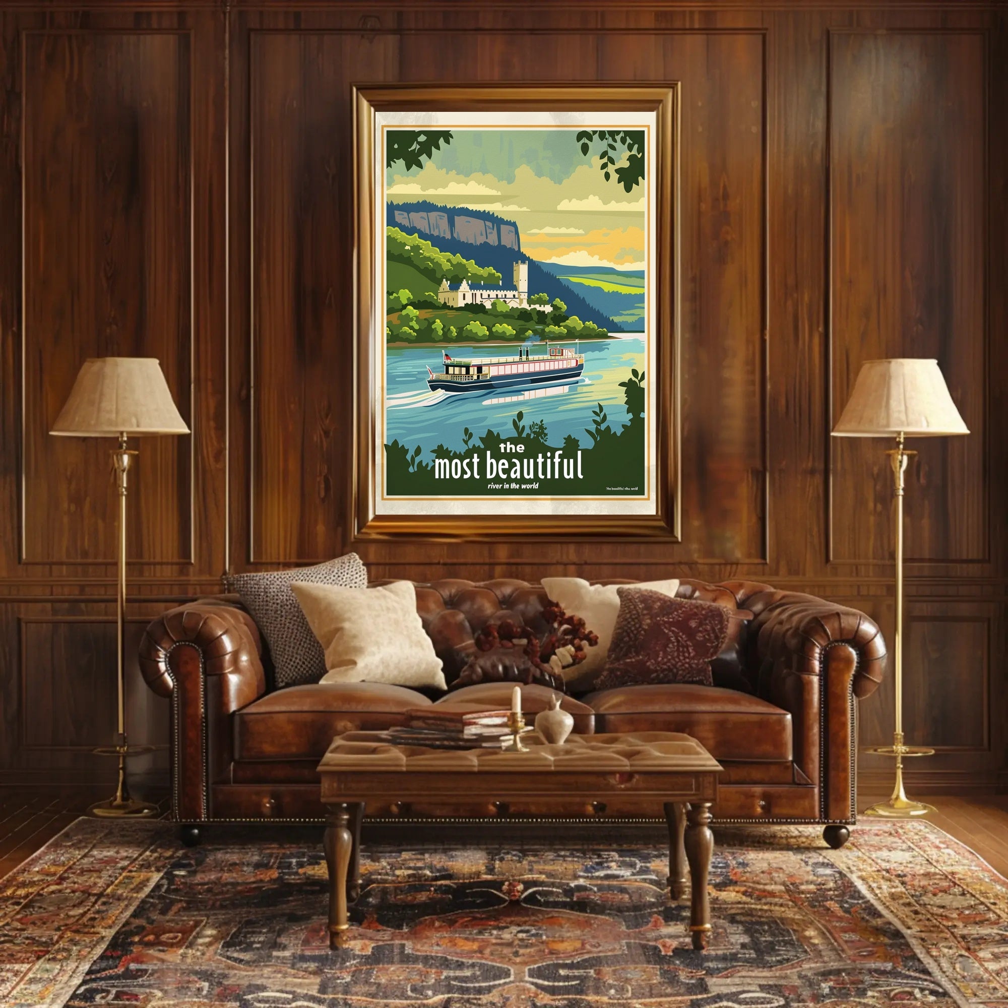 Serene River Scene with Castle Travel Poster PosterGoat