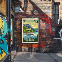 Serene River Scene with Castle Travel Poster PosterGoat