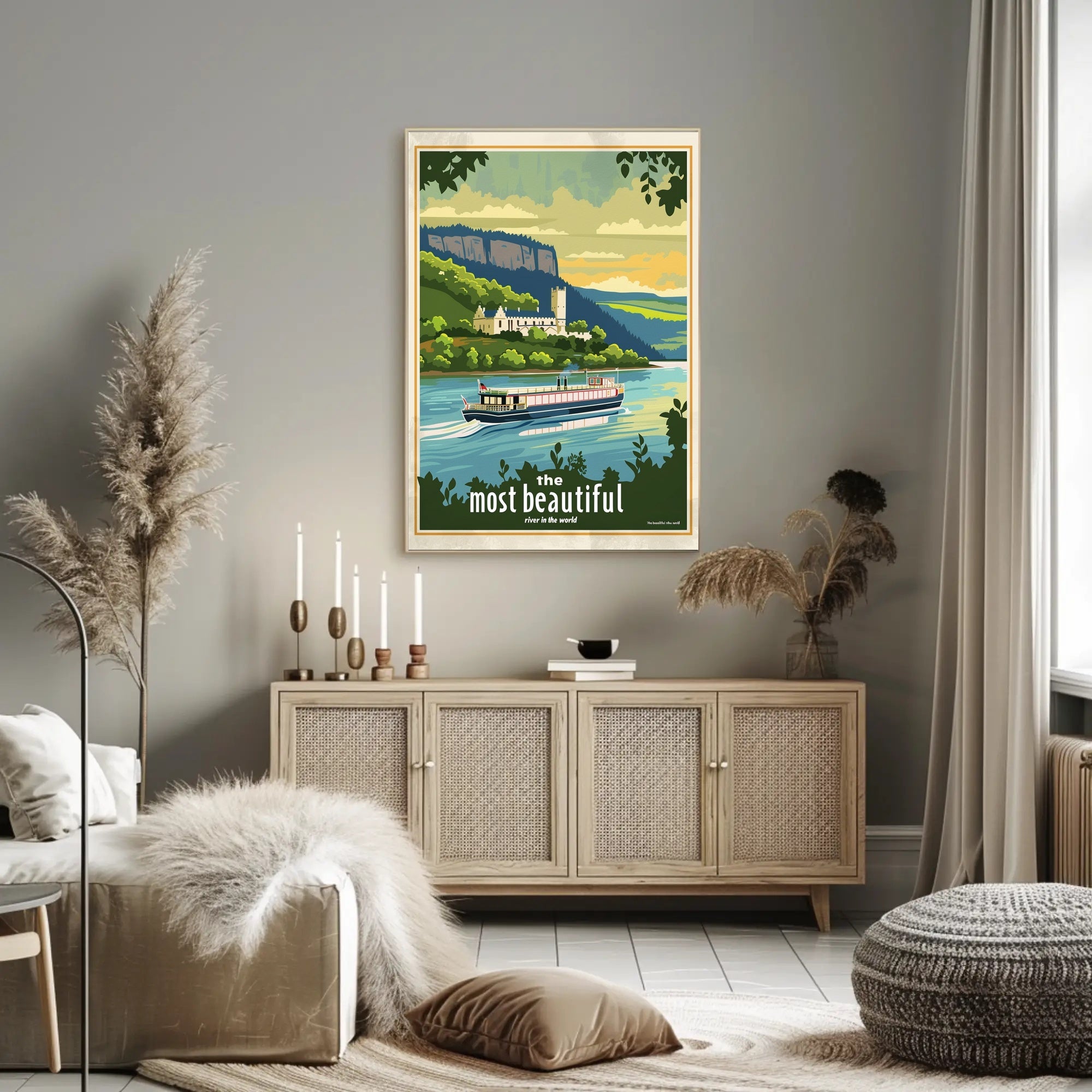 Serene River Scene with Castle Travel Poster PosterGoat