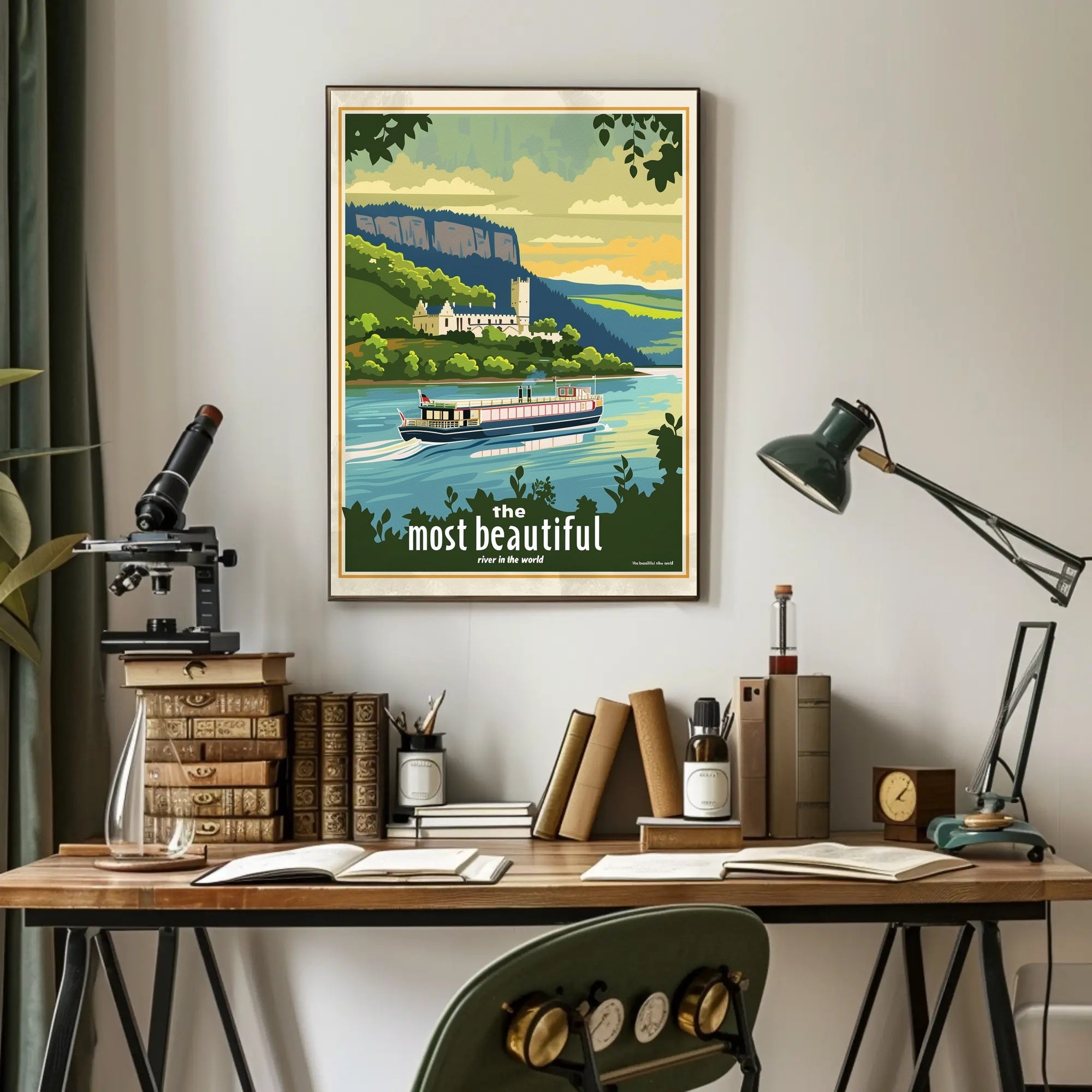 Serene River Scene with Castle Travel Poster PosterGoat