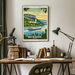 Serene River Scene with Castle Travel Poster PosterGoat