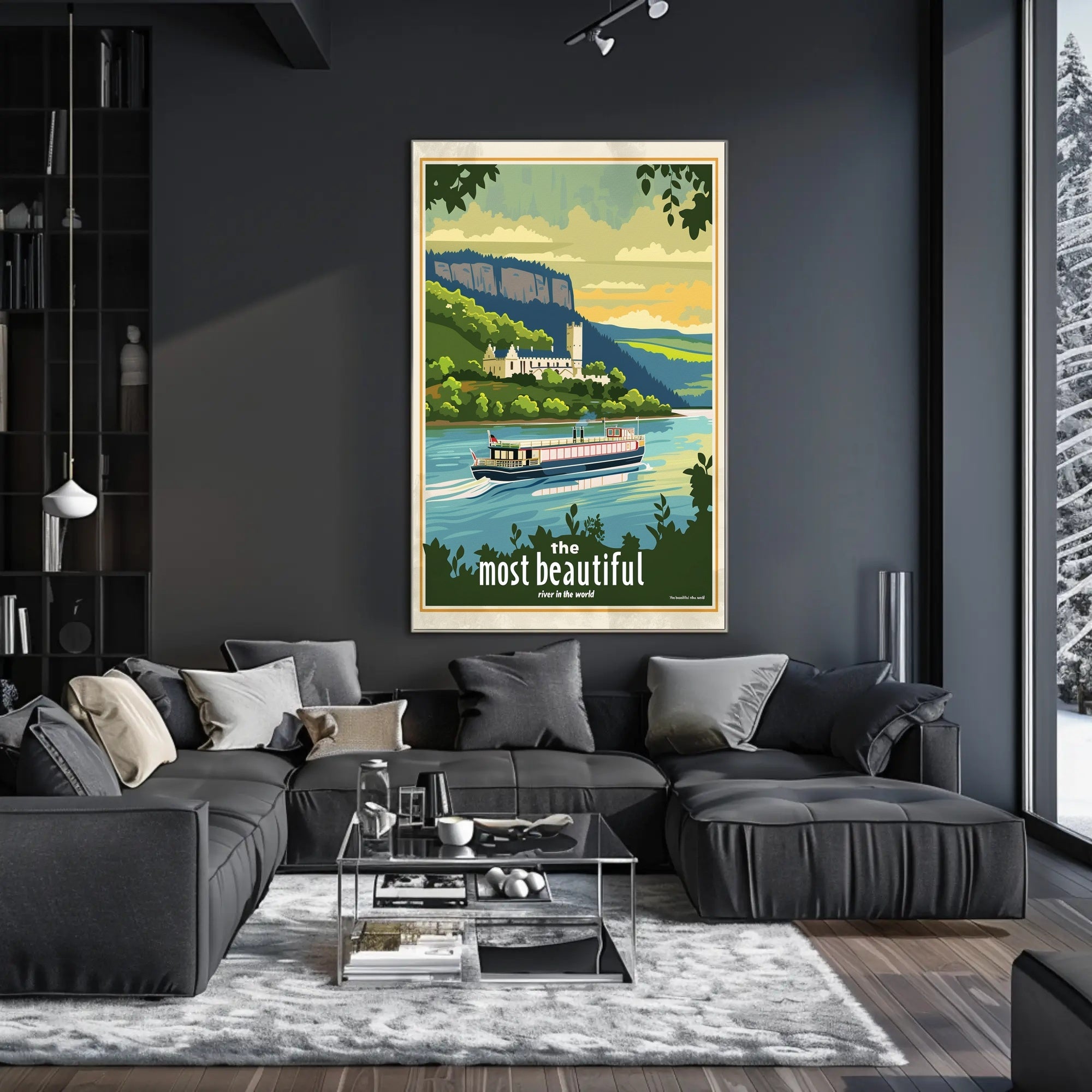 Serene River Scene with Castle Travel Poster PosterGoat
